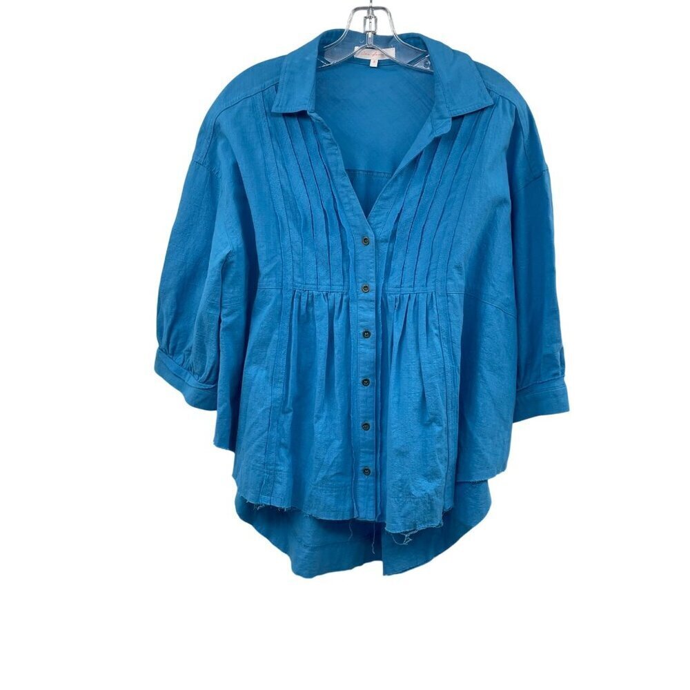 Ces Femme Oversized Pleated Button Up Top 3/4 Sleeve Blue Size Small